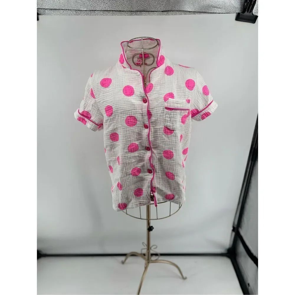Sassy Shortcake Pink Polka Dot Gauze Pajama Top Button Front Medium